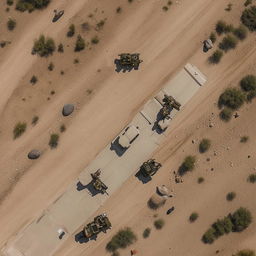 drone shot of 2 armored vehicles on a one-lane freeway bearing 10 combatants in military fatigue, armed with assault rifles, missile launcher and radio