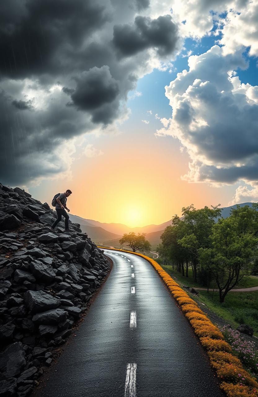 A symbolic representation of the journey from struggle to success, featuring a winding road that transitions from a dark, stormy landscape to a bright, sunny horizon