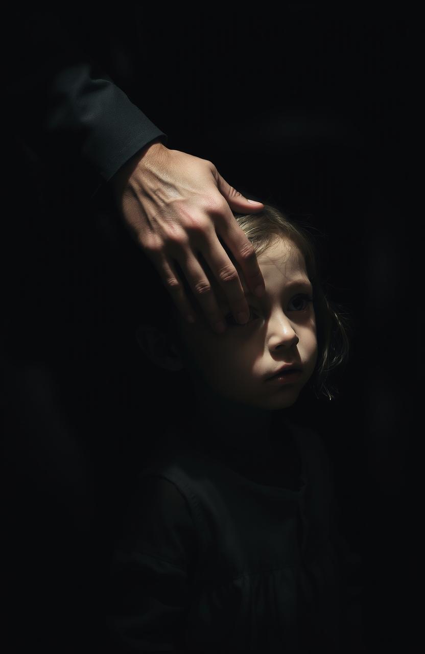 A dark and moody artistic depiction featuring a man's hand elegantly wrapped around the neck of a small girl, set in an atmospheric background that emphasizes deep shadows and contrasts