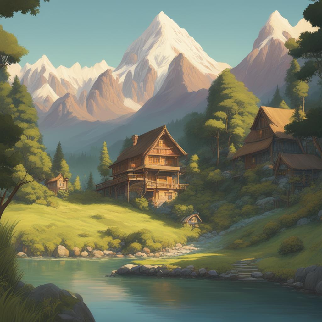 A high-definition digital art image depicting a serene mountainous region in the distinctive style of Studio Ghibli