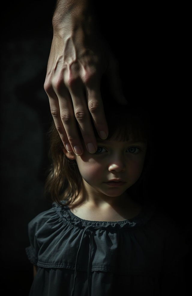 A dark and moody artistic depiction featuring a man's hand elegantly wrapped around the neck of a small girl, set in an atmospheric background that emphasizes deep shadows and contrasts