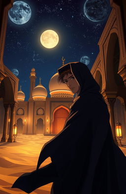 A mysterious man in an Arab palace surrounded by desert sands at night