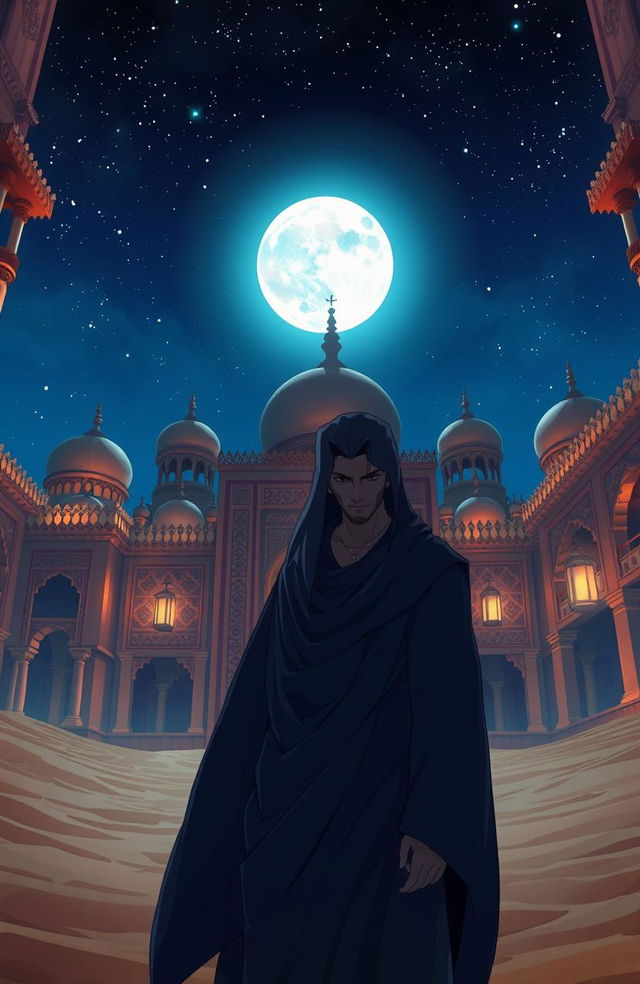 A mysterious man in an Arab palace surrounded by desert sands at night