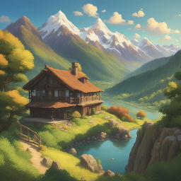 A high-definition digital art image depicting a serene mountainous region in the distinctive style of Studio Ghibli