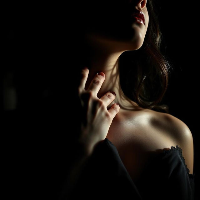 An intense and emotional portrayal featuring a man's hand gently wrapped around the neck of a woman, set against a backdrop that emphasizes deep shadows and stark contrasts