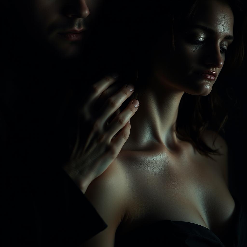 An intense and emotional portrayal featuring a man's hand gently wrapped around the neck of a woman, set against a backdrop that emphasizes deep shadows and stark contrasts