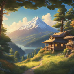 A high-definition digital art image depicting a serene mountainous region in the distinctive style of Studio Ghibli