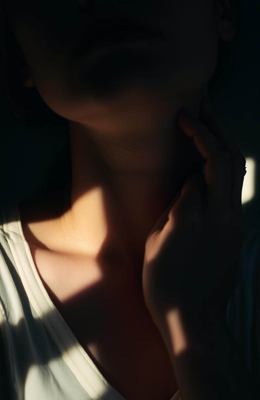 A woman's neck gently embraced by a hand, emphasizing the delicate contrast between light and shadows