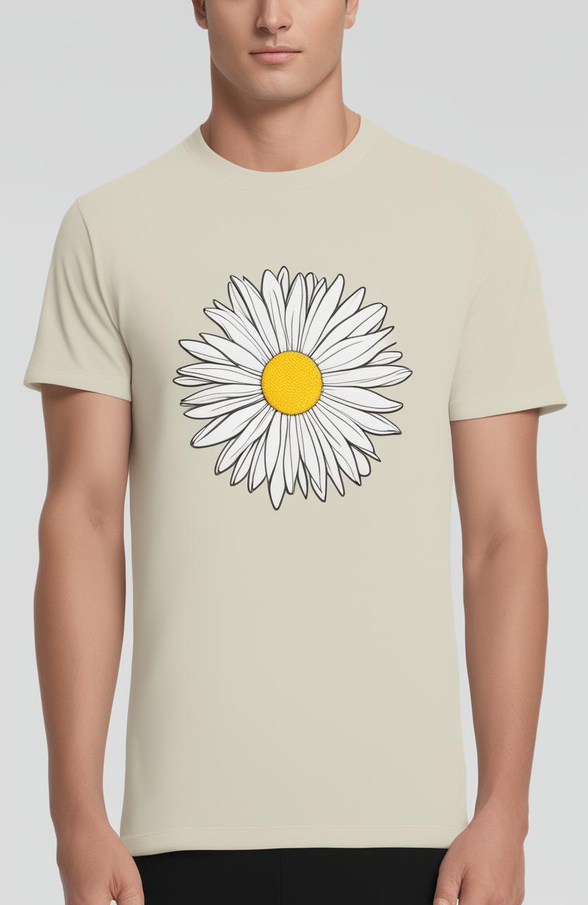 This 32k HD digital art image features a stylish logo tee with an intricate daisy embroidery