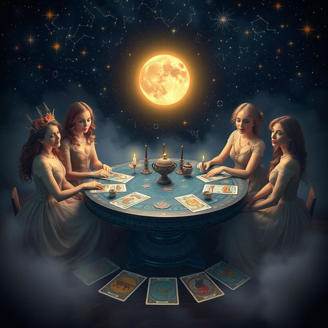 A mystical scene showcasing a celestial zodiac Tarot reading session