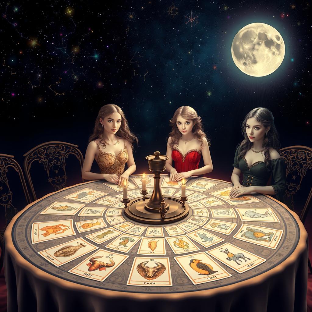 A mystical scene showcasing a celestial zodiac Tarot reading session