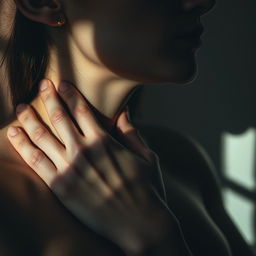 A man's hand gently wrapped around a woman's neck, portraying a sense of intensity and intimacy