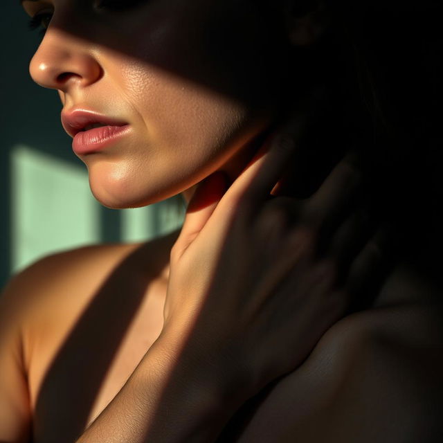 A man's hand gently wrapped around a woman's neck, portraying a sense of intensity and intimacy