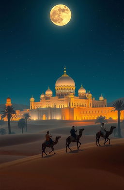 A magical night in an Arabic desert, featuring a majestic palace with intricate architecture, illuminated by the soft glow of moonlight