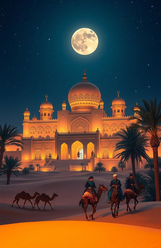 A magical night in an Arabic desert, featuring a majestic palace with intricate architecture, illuminated by the soft glow of moonlight