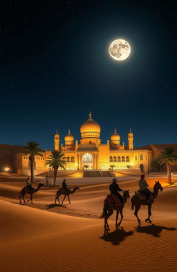 A magical night in an Arabic desert, featuring a majestic palace with intricate architecture, illuminated by the soft glow of moonlight