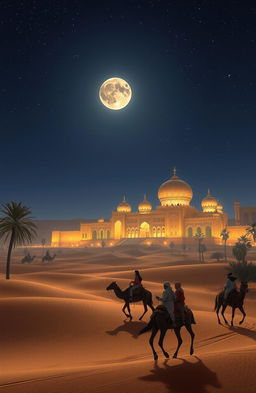 A magical night in an Arabic desert, featuring a majestic palace with intricate architecture, illuminated by the soft glow of moonlight