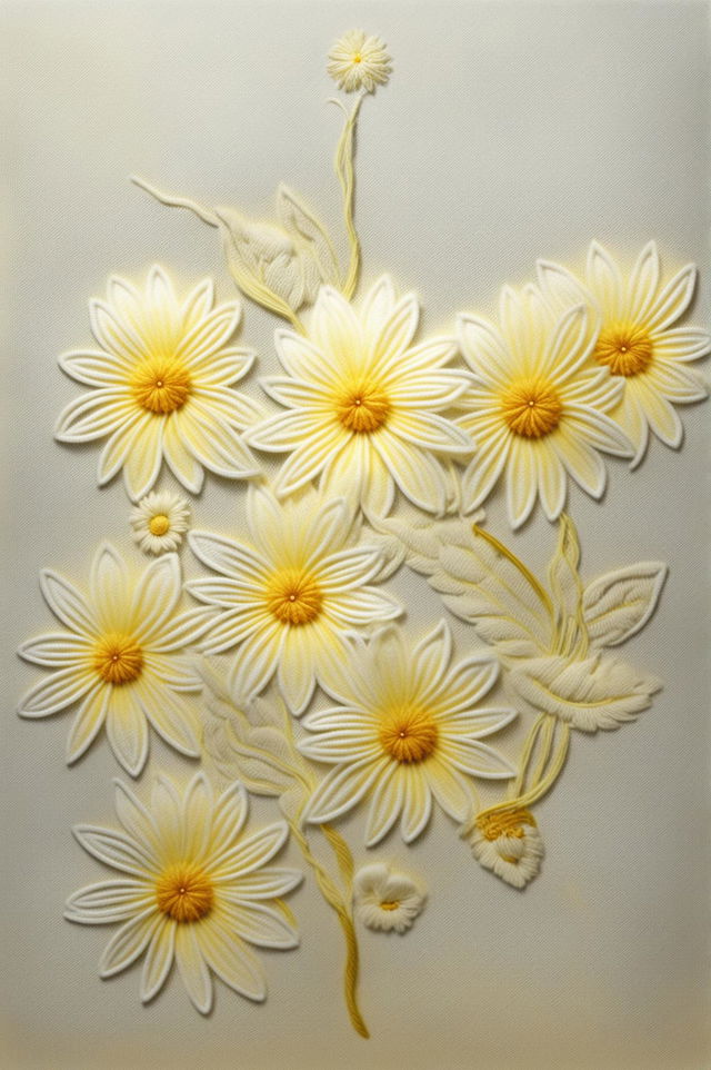 This 32k HD digital art image displays a 200mm-wide piece of cashmere fabric featuring an intricate daisy embroidery