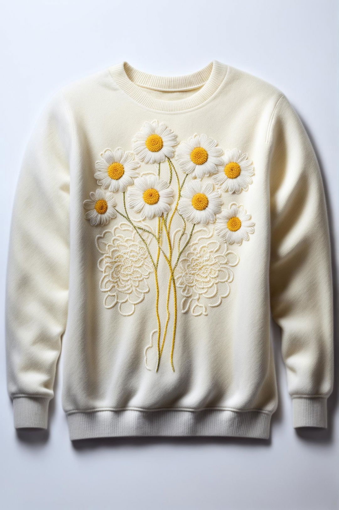 This 32k HD digital art image showcases a 200mm-wide cashmere sweatshirt with an intricate daisy embroidery