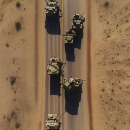 drone shot of 2 armored vehicles on a one-lane freeway bearing 10 combatants in military fatigue, armed with assault rifles, missile launcher and radio