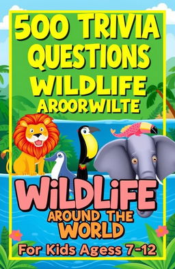 A colorful, engaging cover design for a trivia book titled '500 Trivia Questions About Wildlife Around the World for Kids Ages 7-12'
