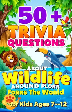 A colorful, engaging cover design for a trivia book titled '500 Trivia Questions About Wildlife Around the World for Kids Ages 7-12'
