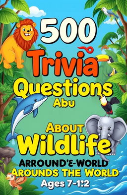 A colorful, engaging cover design for a trivia book titled '500 Trivia Questions About Wildlife Around the World for Kids Ages 7-12'