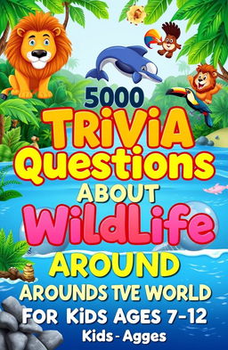 A colorful, engaging cover design for a trivia book titled '500 Trivia Questions About Wildlife Around the World for Kids Ages 7-12'