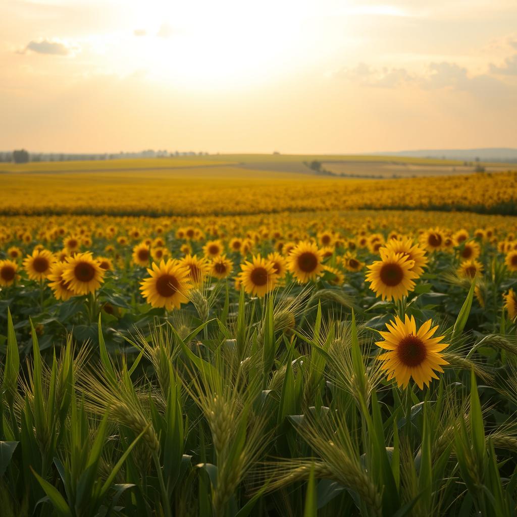 A beautiful landscape featuring sprawling fields of sunflowers (girassóis) under a serene sky with soft clouds