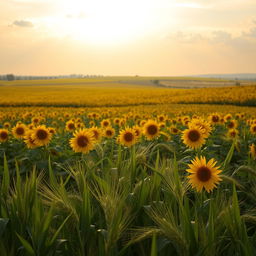 A beautiful landscape featuring sprawling fields of sunflowers (girassóis) under a serene sky with soft clouds