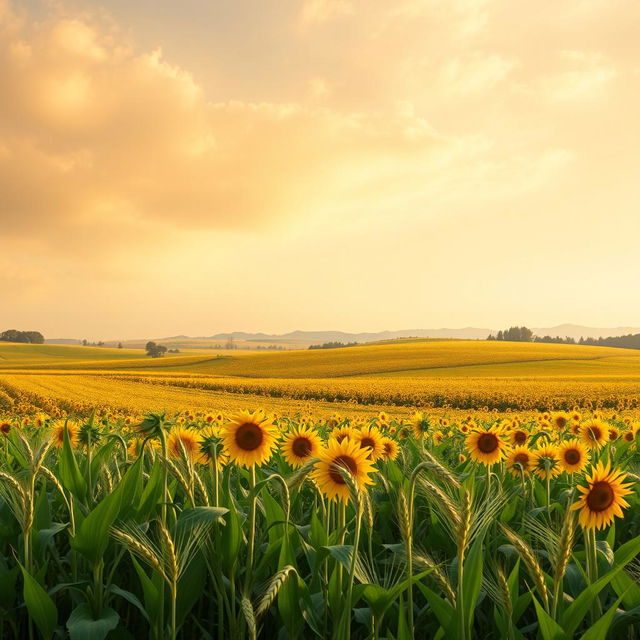 A beautiful landscape featuring sprawling fields of sunflowers (girassóis) under a serene sky with soft clouds