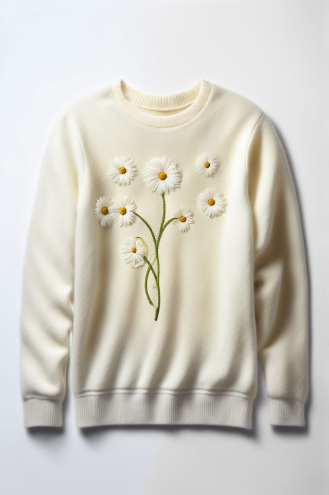 This 32k HD digital art image showcases a 200mm-wide cashmere sweatshirt with a simple yet elegant daisy embroidery