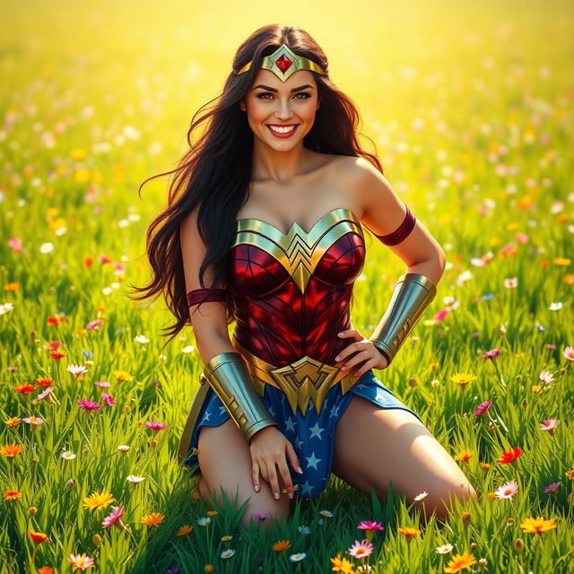 A depiction of a warrior woman in a heroic pose, inspired by Wonder Woman, kneeling in a lush green field filled with colorful wildflowers