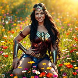 A depiction of a warrior woman in a heroic pose, inspired by Wonder Woman, kneeling in a lush green field filled with colorful wildflowers