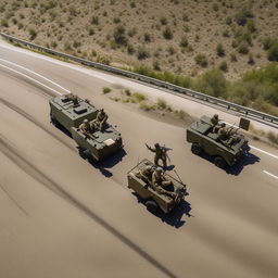 drone shot of 2 armored vehicles on a one-lane freeway bearing 10 combatants in military fatigue, armed with assault rifles, missile launcher and radio