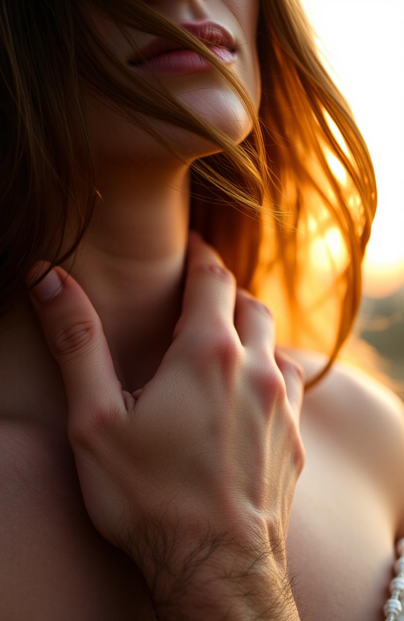 A close-up shot of a man's hand gently resting on a woman's neck, showcasing a tender yet intimate moment