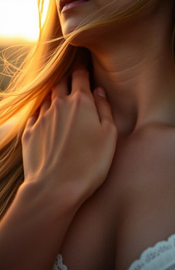 A close-up shot of a man's hand gently resting on a woman's neck, showcasing a tender yet intimate moment