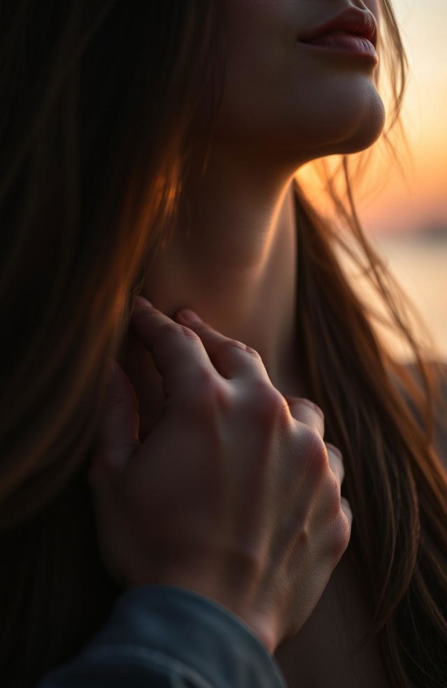 A close-up shot of a man's hand gently resting on a woman's neck, showcasing a tender yet intimate moment