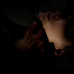 A dramatic and moody scene featuring a man's hand resting on a woman's neck in a dark, mysterious setting
