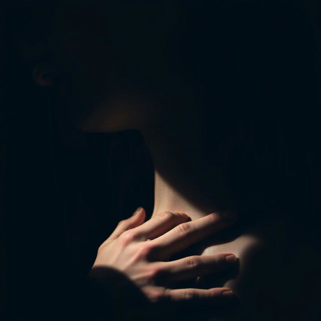 A dramatic and moody scene featuring a man's hand resting on a woman's neck in a dark, mysterious setting