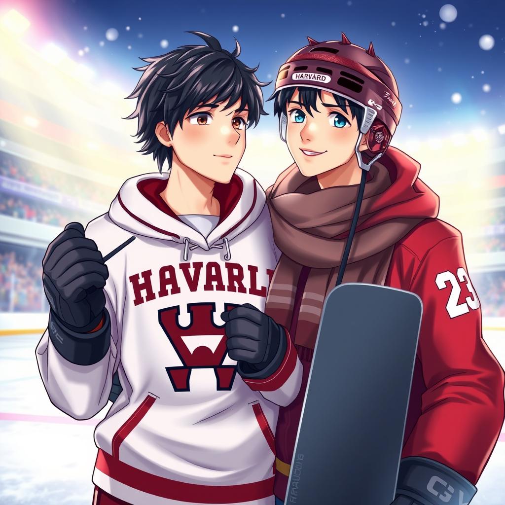 A beautifully illustrated book cover for a hockey romance novel featuring two main characters standing on an ice rink