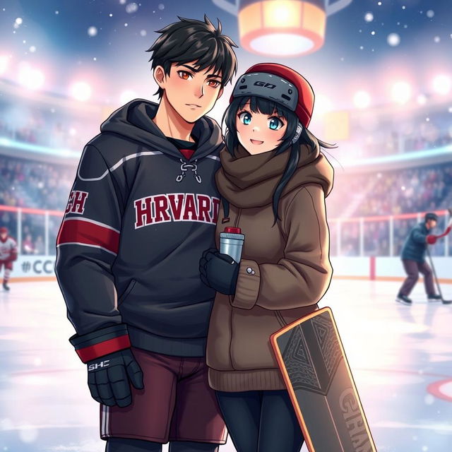 A beautifully illustrated book cover for a hockey romance novel featuring two main characters standing on an ice rink