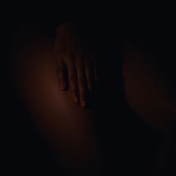 An alluring and intimate scene where a man's hand gently rests on a woman's thigh, set in a dark and atmospheric environment