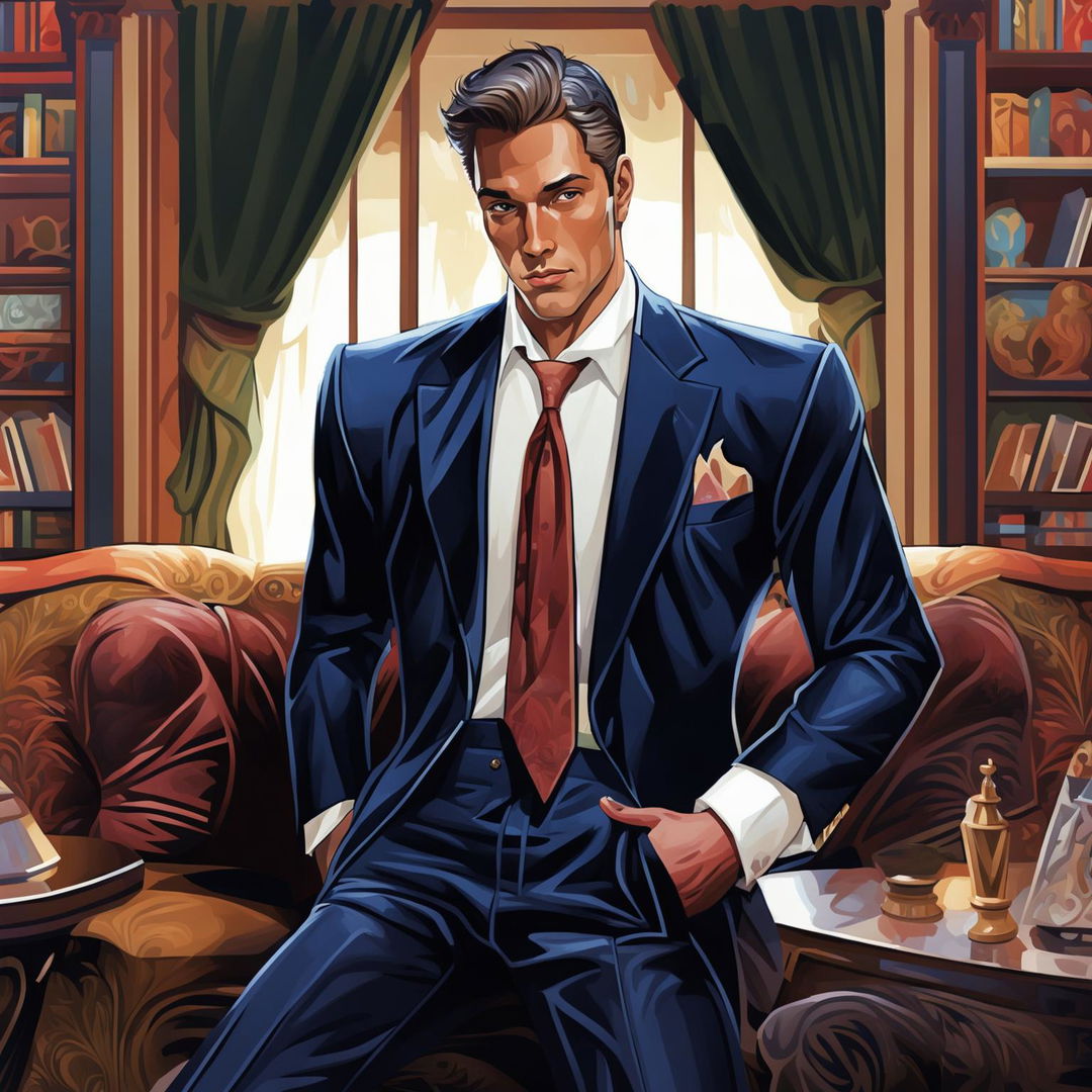 A digital illustration of a debonair man dressed in a tailored suit, exuding confidence and charm in a luxurious lounge setting