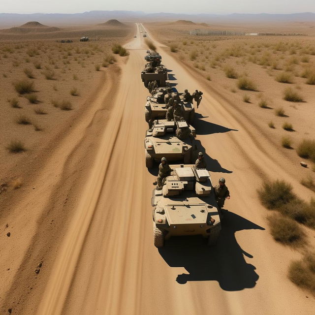 drone shot of 2 armored vehicles on a one-lane freeway bearing 10 combatants in military fatigue, armed with assault rifles, missile launcher and radio