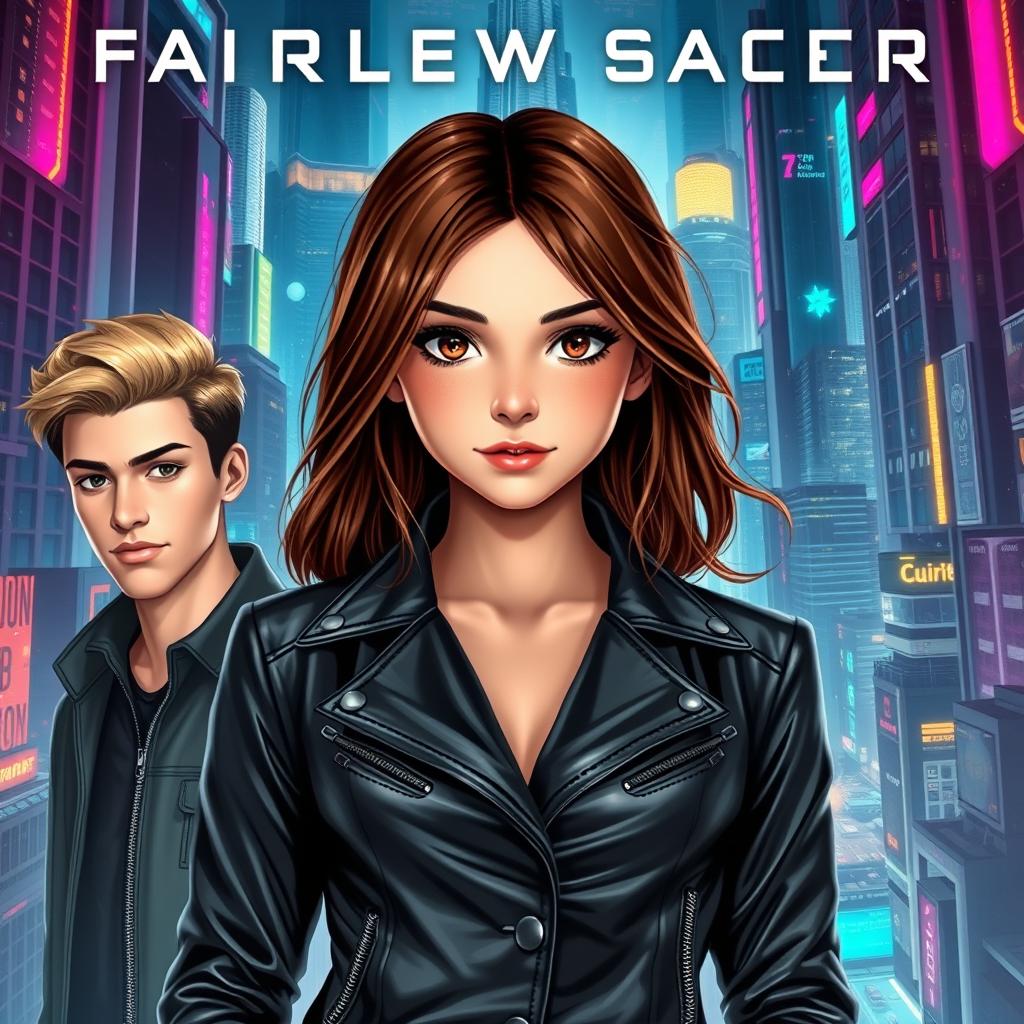 A captivating book cover featuring a girl with striking brown hair, confidently wearing a sleek black leather jacket buttoned up to her throat