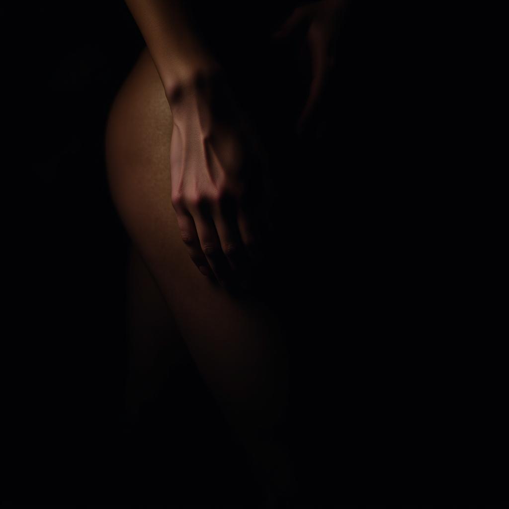 An intimate scene capturing a man's hand resting on a woman's thighs, enveloped in a dark and mysterious ambiance