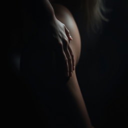 An intimate scene capturing a man's hand resting on a woman's thighs, enveloped in a dark and mysterious ambiance