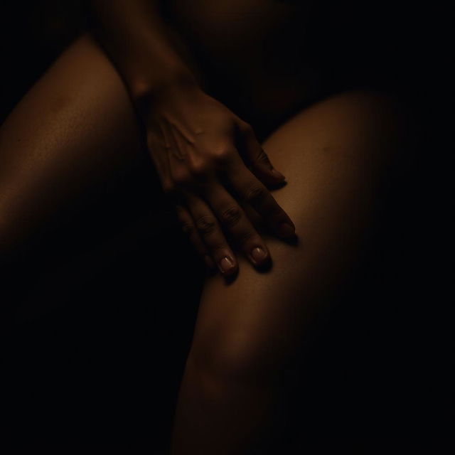 An intimate scene capturing a man's hand resting on a woman's thighs, enveloped in a dark and mysterious ambiance