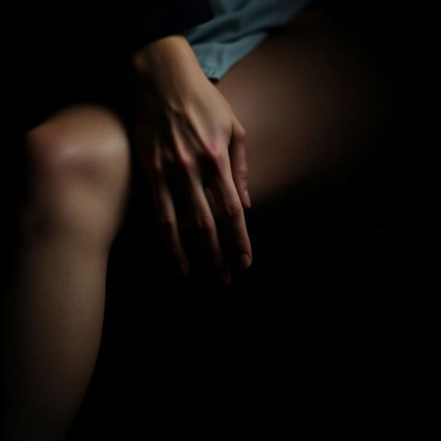 A sensual scene featuring a man's hand gently resting on a woman's thigh, enveloped in a dark and moody atmosphere